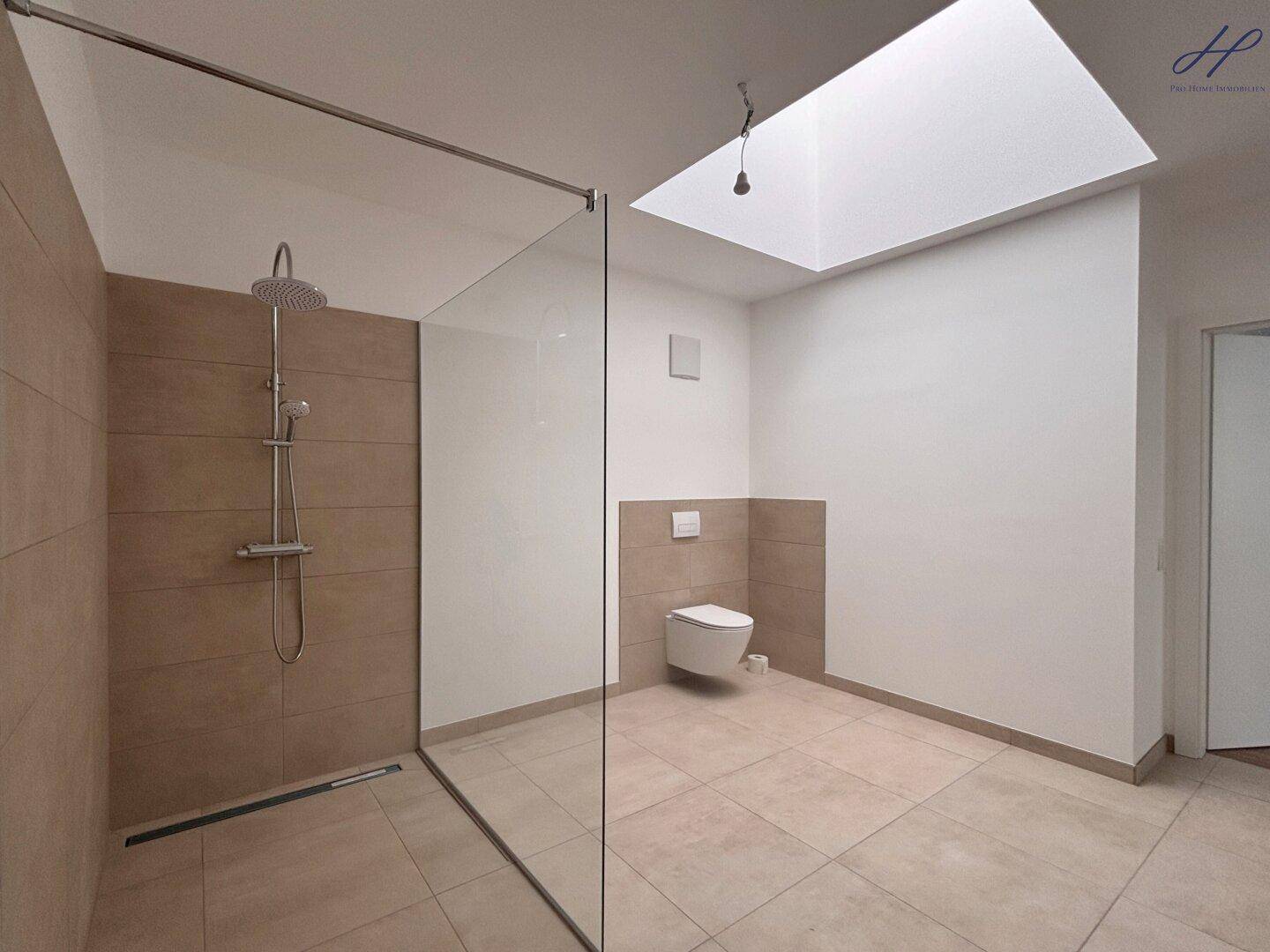 Geräumiges Badezimmer mit moderner begehbarer Dusche und Oberlicht, das viel Helligkeit spendet.