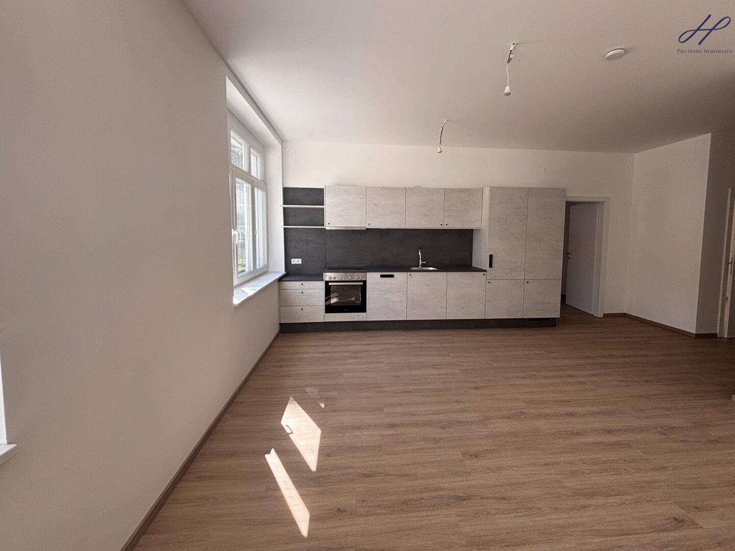 Heller Wohnbereich mit integrierter Küchenzeile, modernem Vinylboden und großem Fenster.