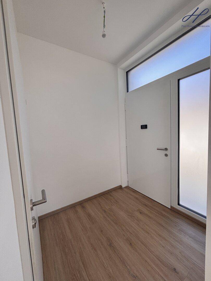 Heller Eingangsbereich mit Laminatboden und einer modernen Eingangstür mit Milchglas.