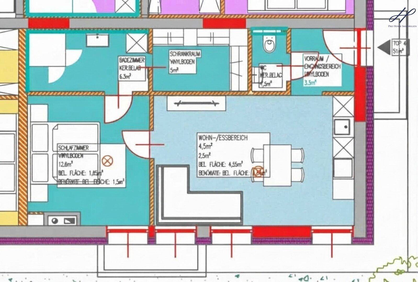 Detaillierter Grundriss einer Wohnung mit Wohn-Essbereich, Schlafzimmer und Badezimmer.