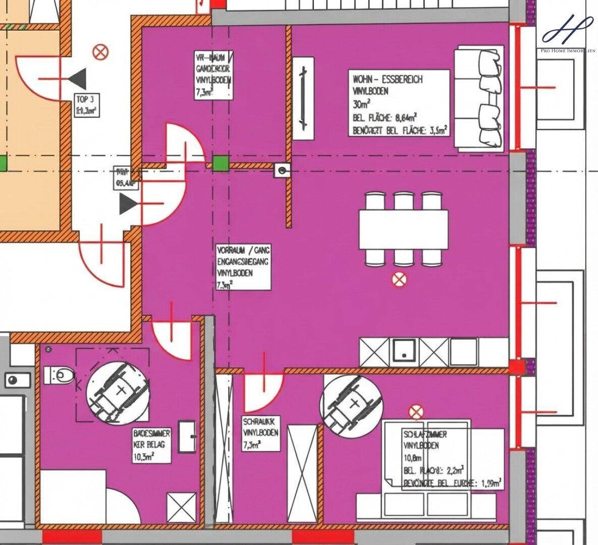 Detaillierter Grundriss einer Wohnung mit Wohn-Essbereich, Schlafzimmer und Badezimmer.