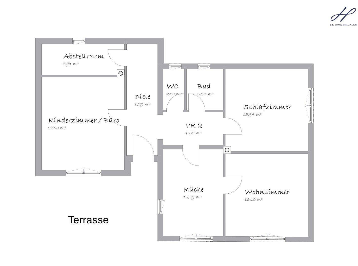 Moderner Grundriss mit separatem WC, Terrasse, Schlafzimmer, Küche und Wohnzimmer.
