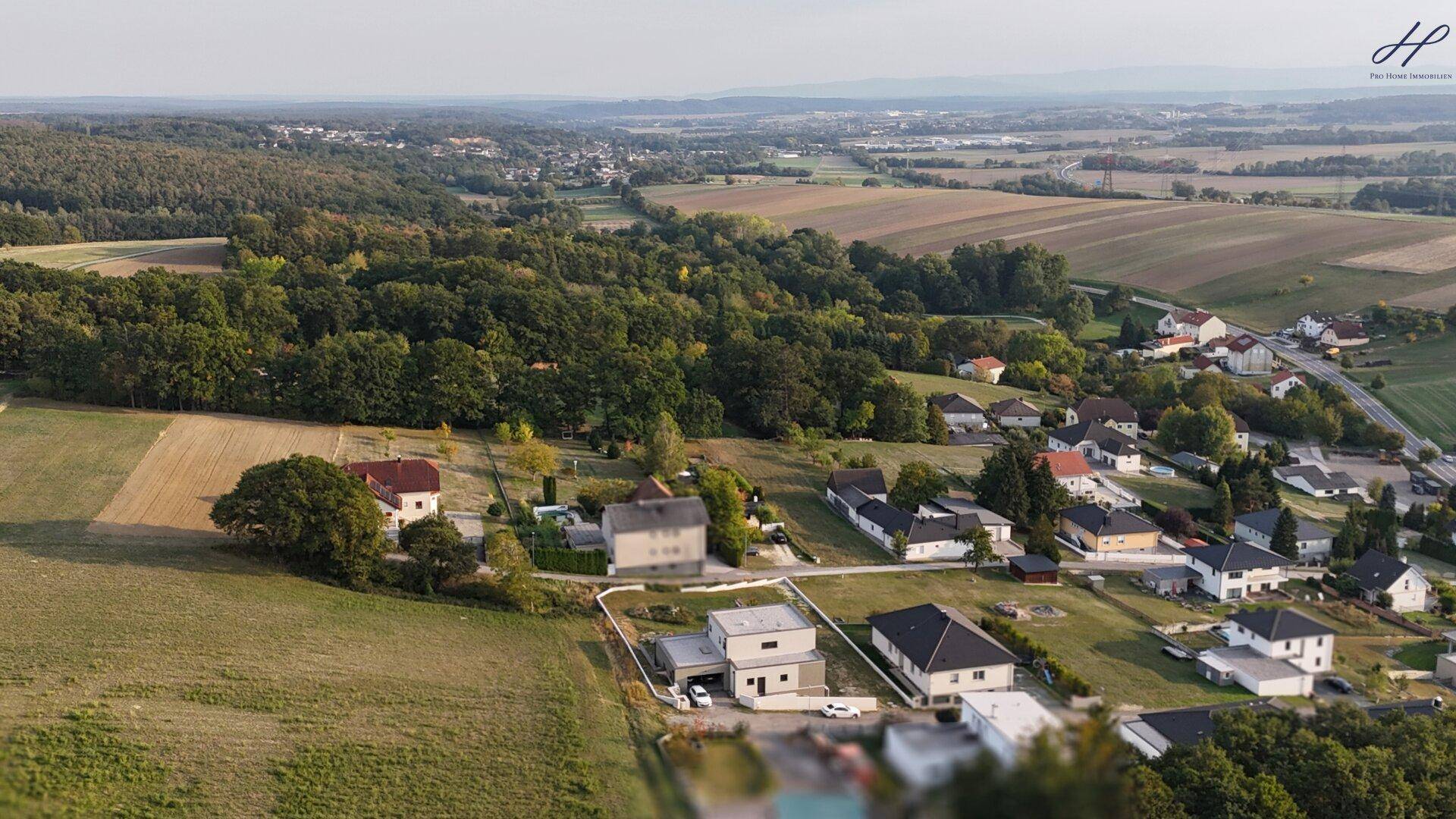 Weitläufige Luftaufnahme der Immobilie eingebettet in die ländliche Umgebung mit Feldern und Wald.