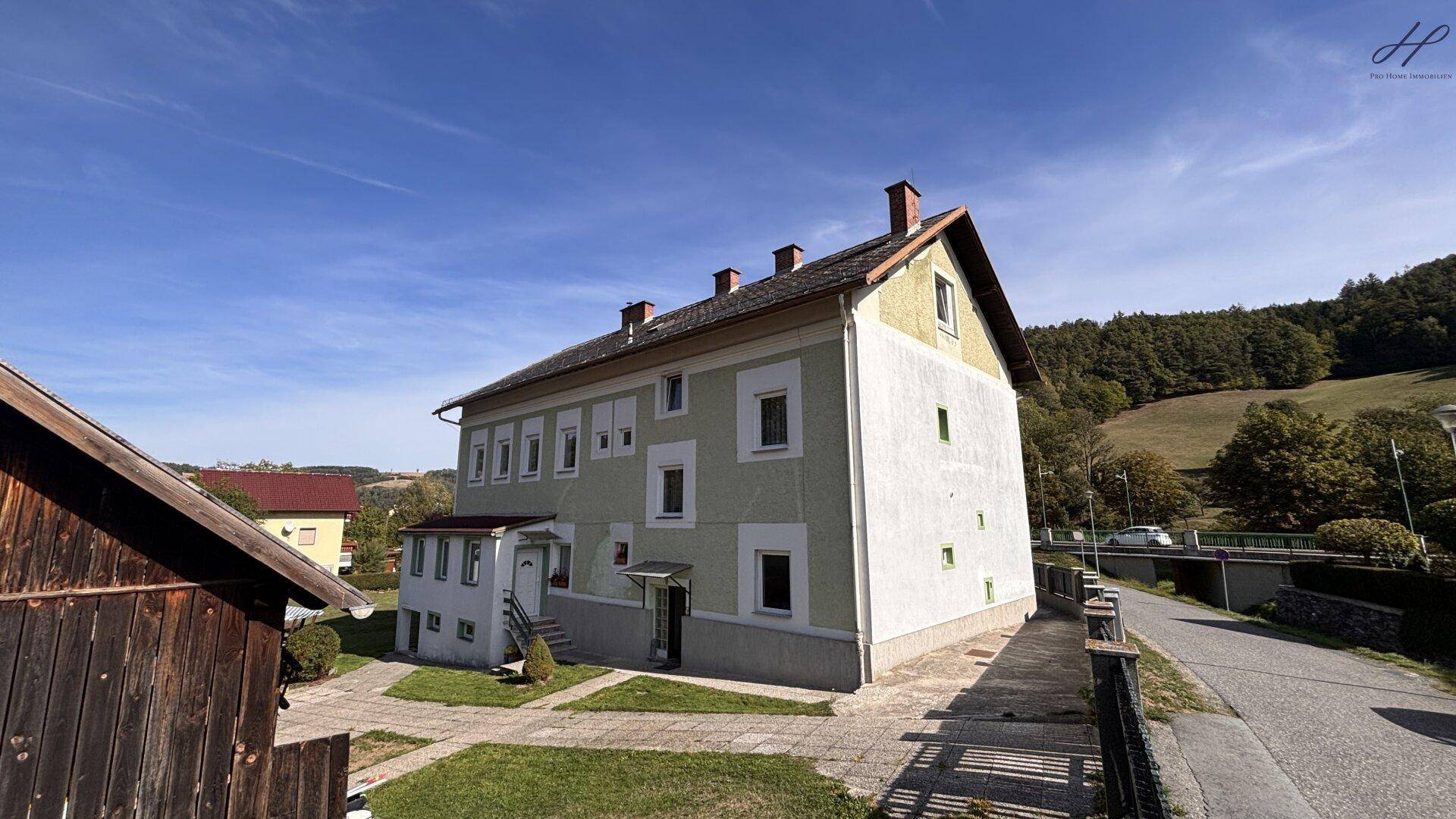 Seitenansicht des Hauses mit einem Nebeneingang und einer kleinen gepflasterten Fläche.