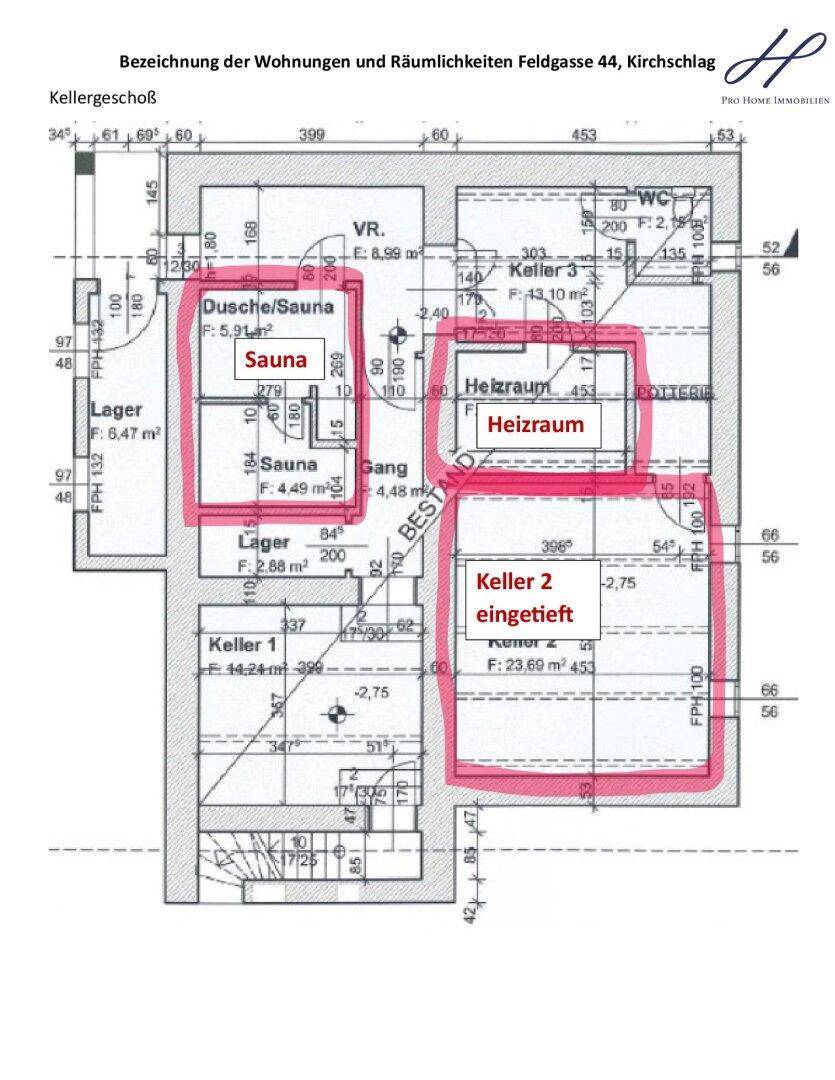 Grundriss des Kellergeschosses mit Sauna, Heizraum und Lagerräumen.