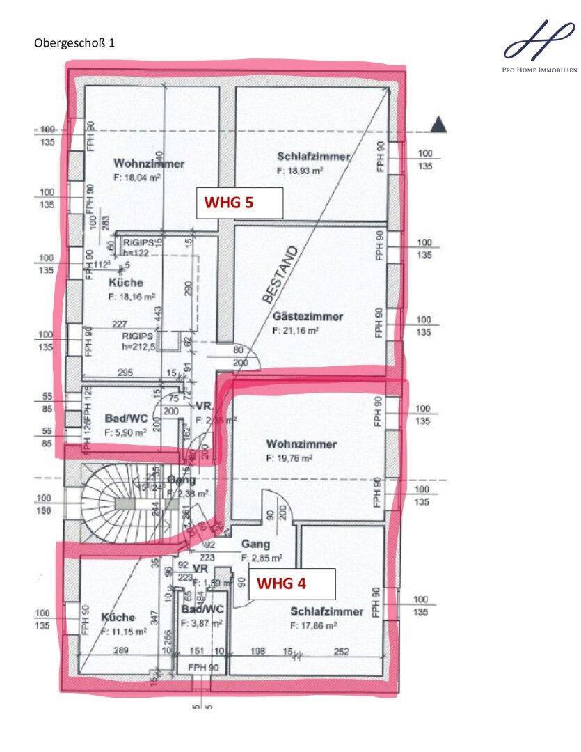 Grundriss des Obergeschosses 1 mit Wohnzimmern, Schlafzimmern, Küchen und Bädern.
