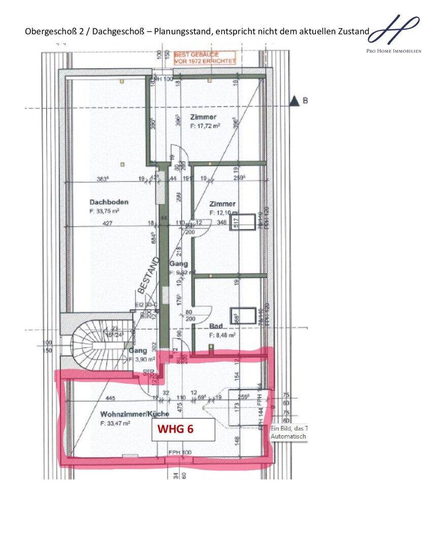 Grundriss des Obergeschosses 2 / Dachgeschosses mit Wohnküche und weiteren Zimmern.