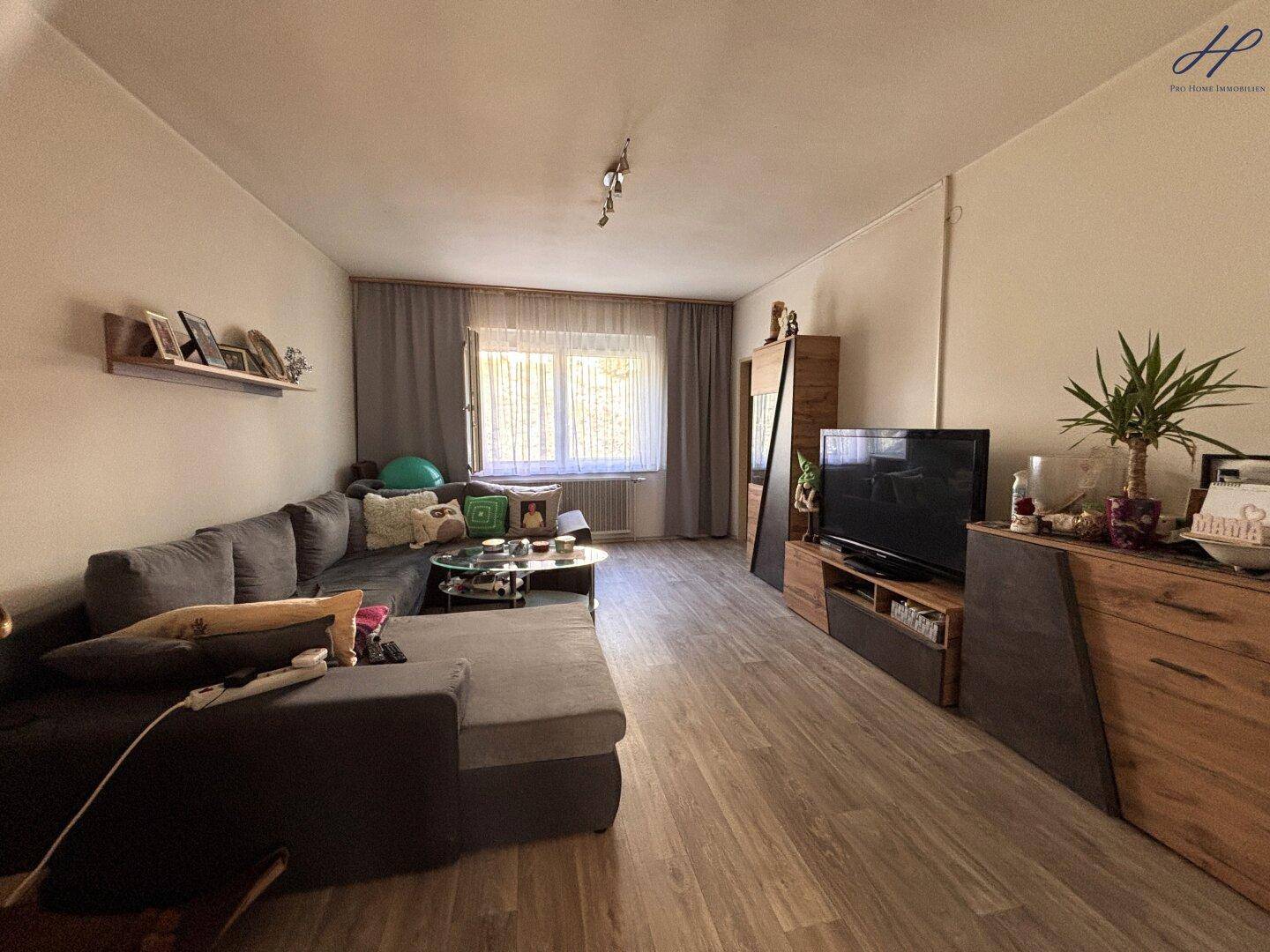 Gemütliches Wohnzimmer mit Sofa, TV-Möbeln und Laminatboden.
