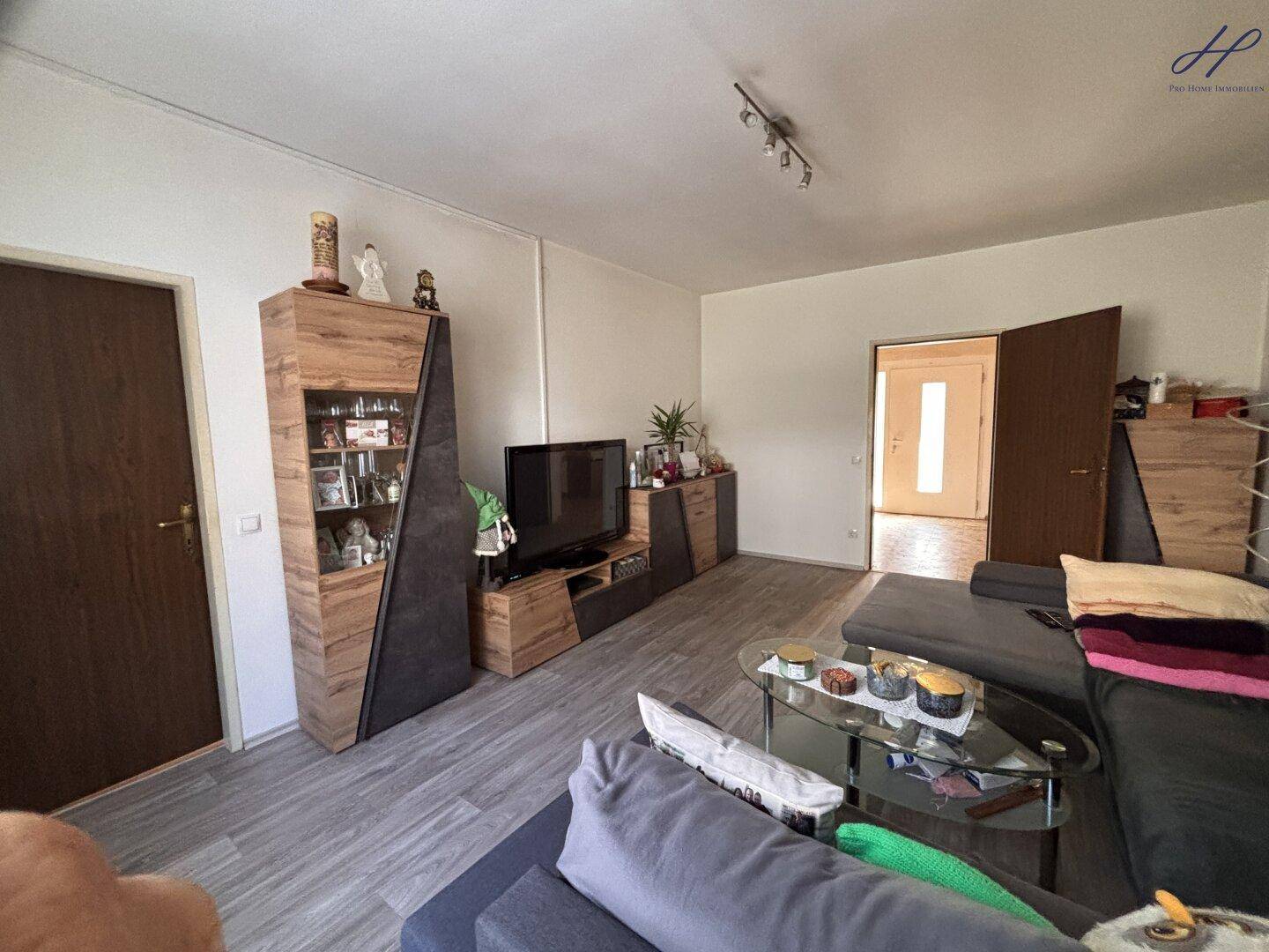 Wohnzimmer mit Sofa, Fernseher und Zugang zu anderen Räumen.