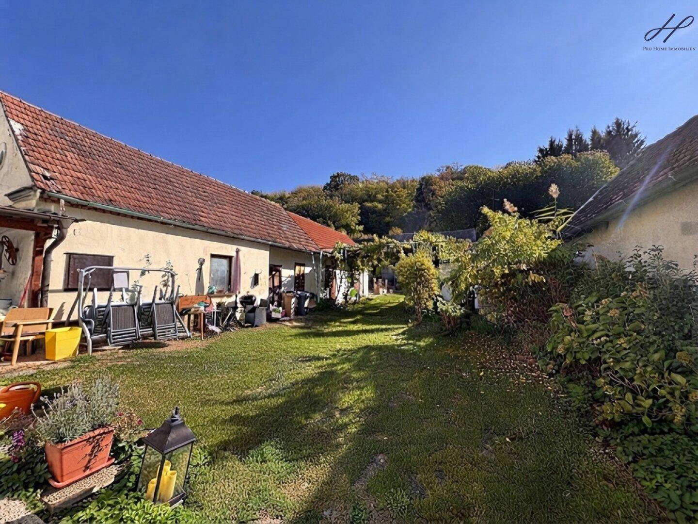 Großer Gartenbereich mit Rasen, Pflanzen und Sitzgelegenheiten im Freien.