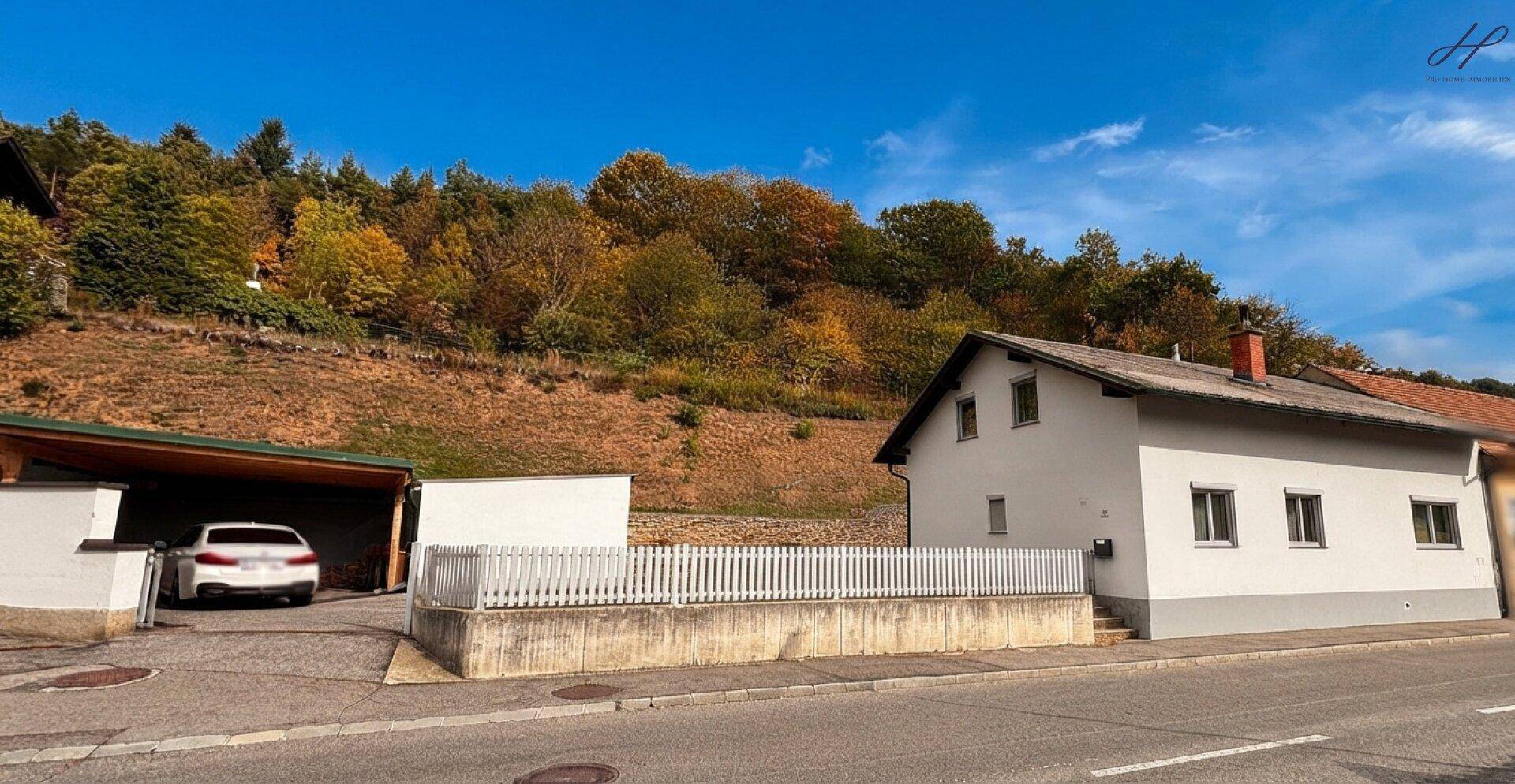 Ansicht des Hauses von der Straße mit Carport, weißem Zaun und bewaldetem Hang im Hintergrund.