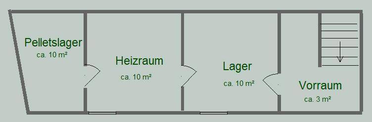Grundriss des Untergeschosses mit Pelletslager, Heizraum und weiteren Lagerräumen.