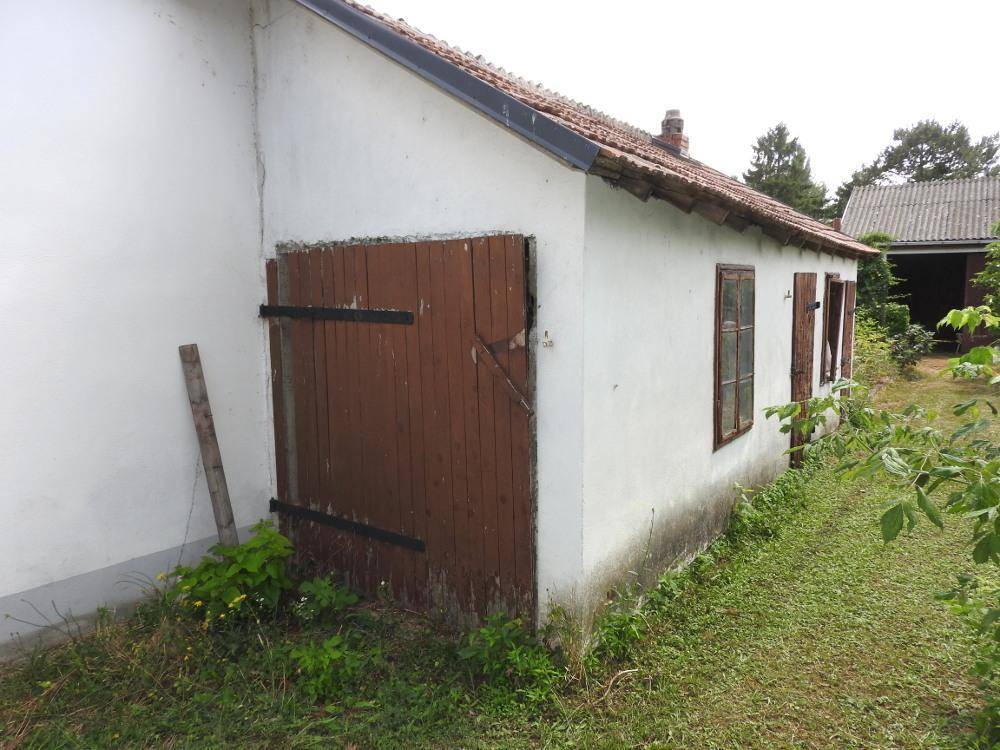 Kleines Nebengebäude mit Holztür und Ziegeldach, umgeben von Gras und Büschen.