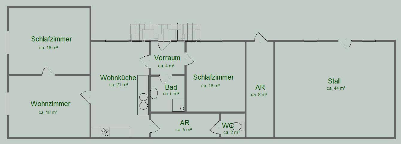 Grundriss des Erdgeschosses mit Schlafzimmern, Wohnküche, Bad und Stallbereich.