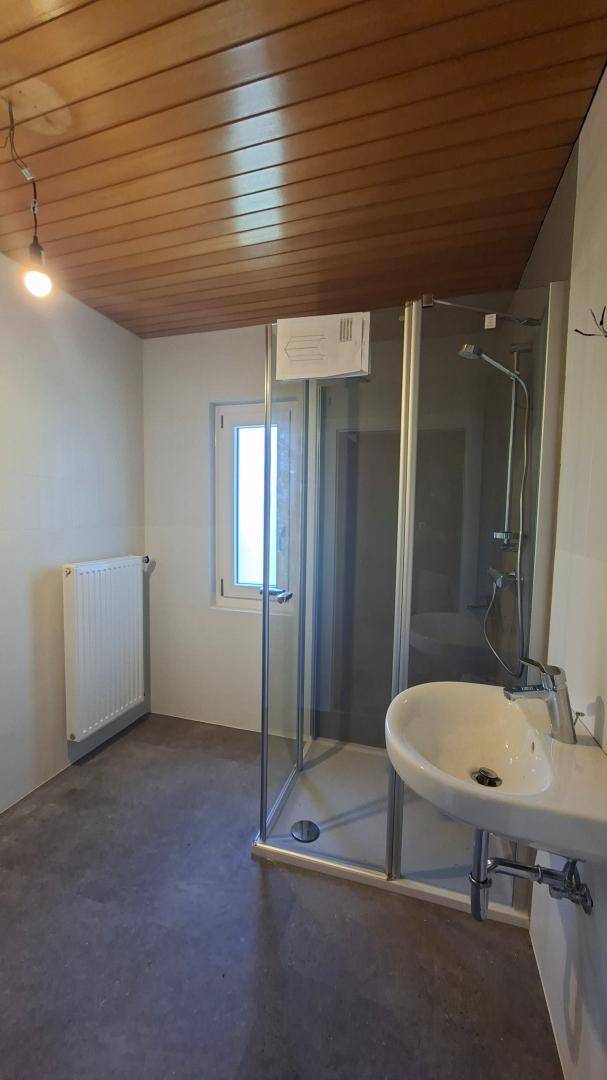 Badezimmer mit Duschkabine, Waschbecken und Holzdecke, bereit zur Fertigstellung.