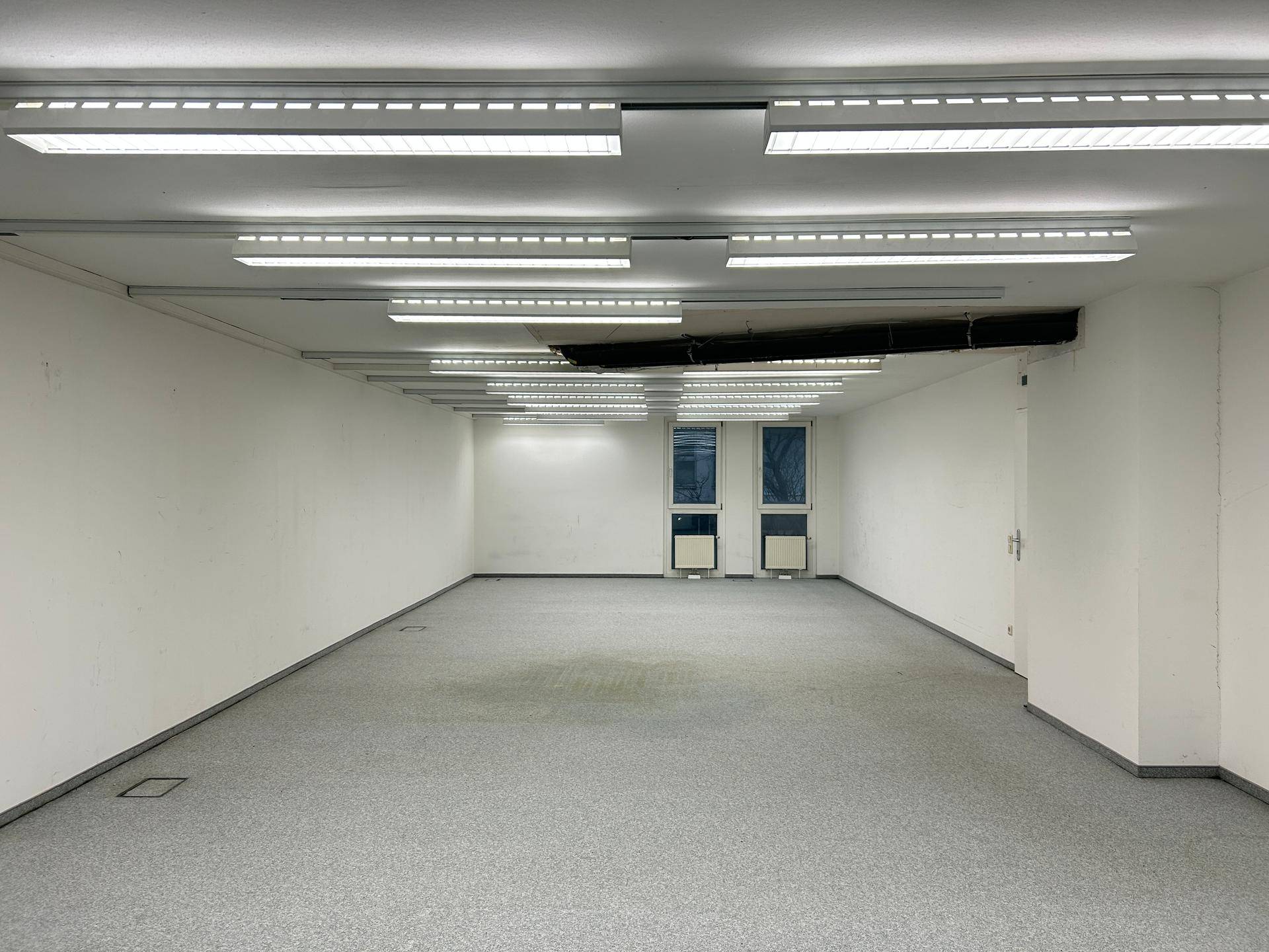 Großer, leerer Raum mit Teppichboden und vielen Deckenleuchten, bereit zur individuellen Gestaltung.