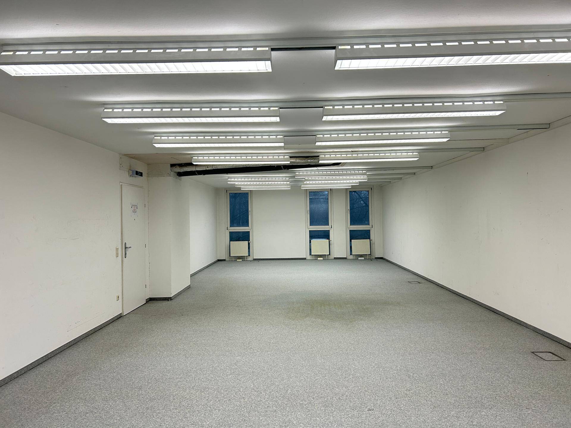 Heller, leerer Raum mit Teppichboden und mehreren Fenstern, ideal für flexible Nutzung.