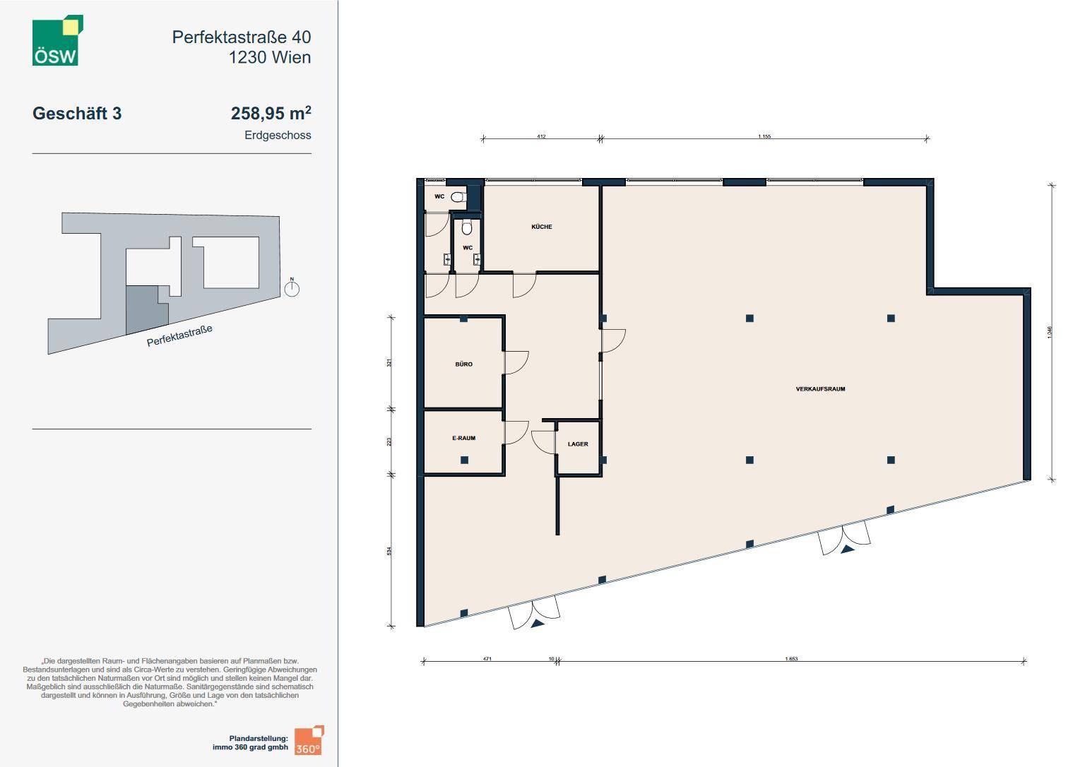Grundriss des Erdgeschosses mit einem großen Verkaufsraum, Büro, Lager und Sanitärbereichen.