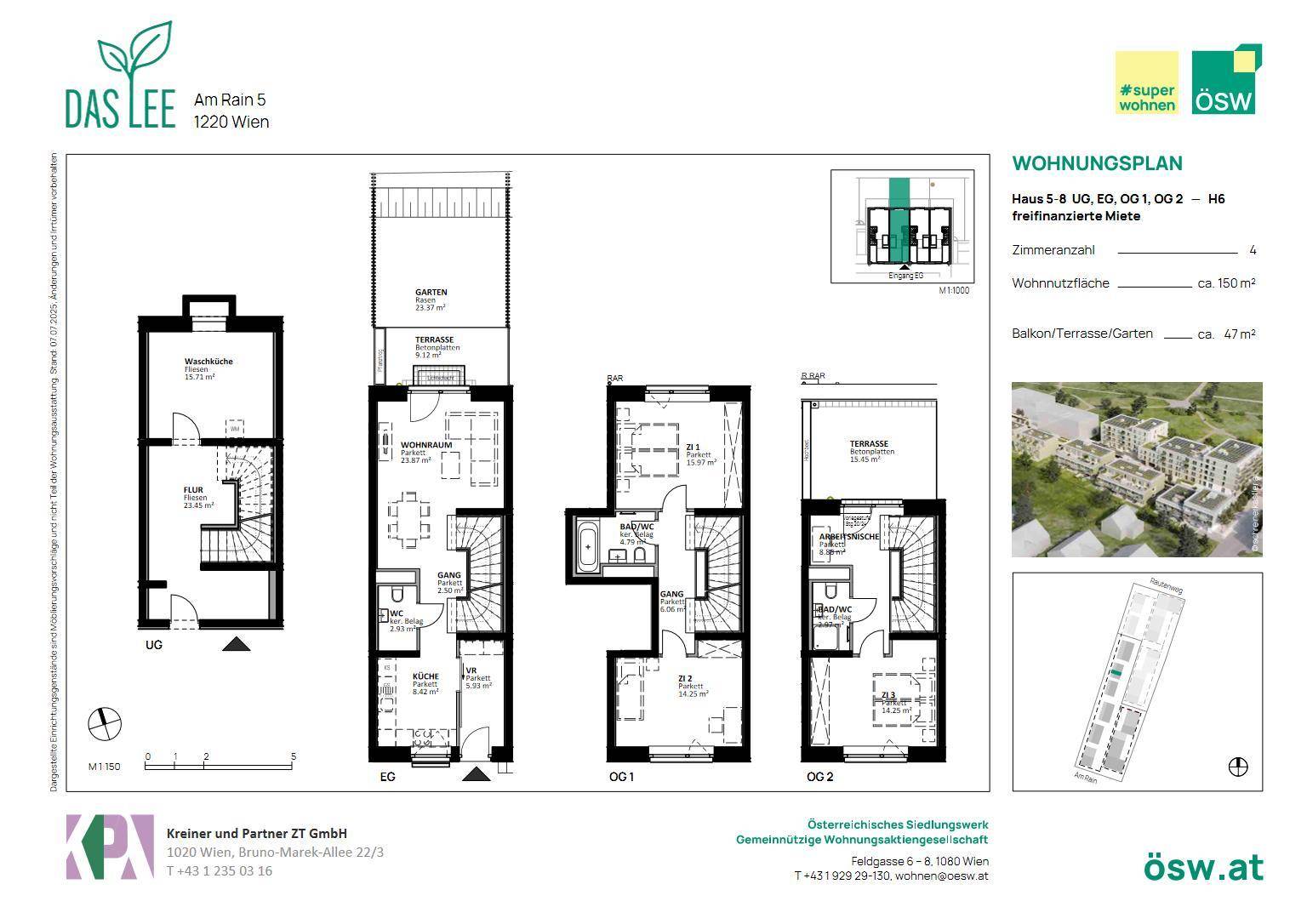 Detaillierter Grundrissplan eines Reihenhauses über mehrere Etagen mit Garten, Terrasse und Keller.