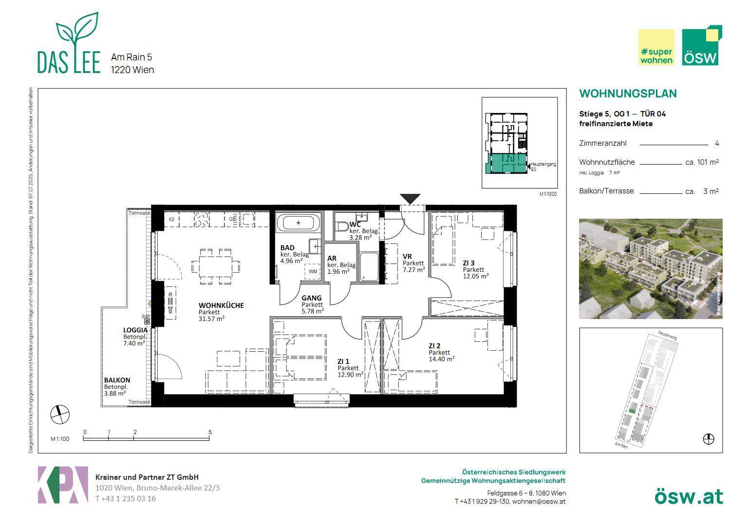 Detaillierter Wohnungsplan mit drei Zimmern, Loggia und Balkon, inklusive Flächenangaben.