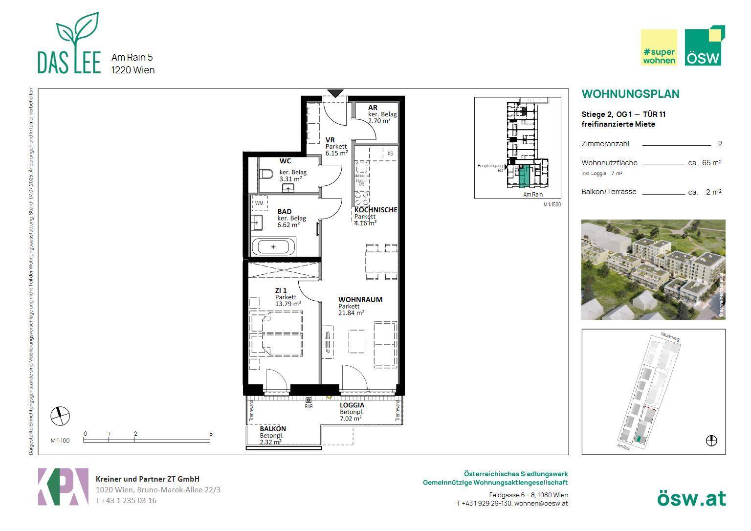 Detaillierter Grundriss einer Wohnung mit zwei Zimmern, Loggia und Balkon.