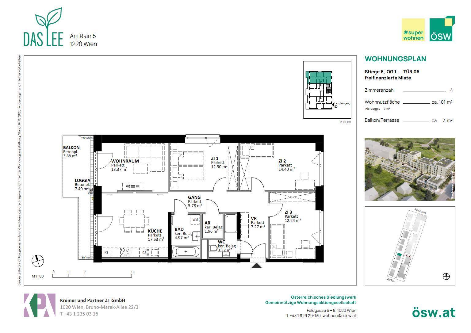 Detaillierter Grundriss einer Wohnung mit Balkon, Loggia und separatem WC.