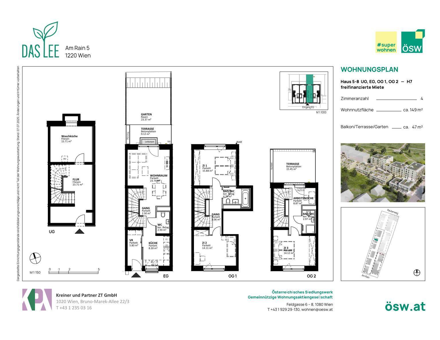 Detaillierter Wohnungsplan mit Grundrissen für Untergeschoss, Erdgeschoss und Obergeschosse.