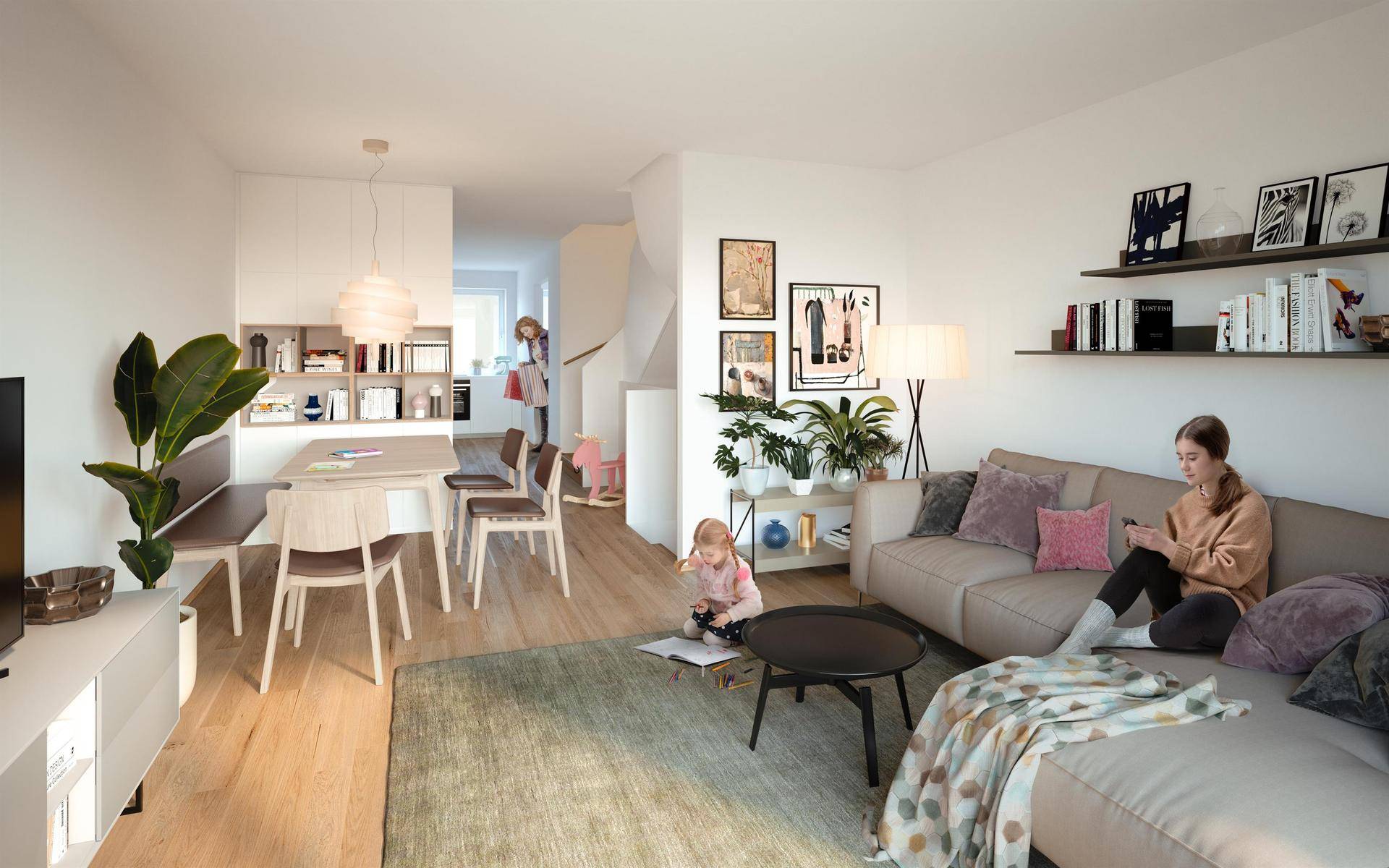 Heller, offener Wohn-Essbereich mit modernem Interieur, Holzboden und gemütlicher Sitzecke.