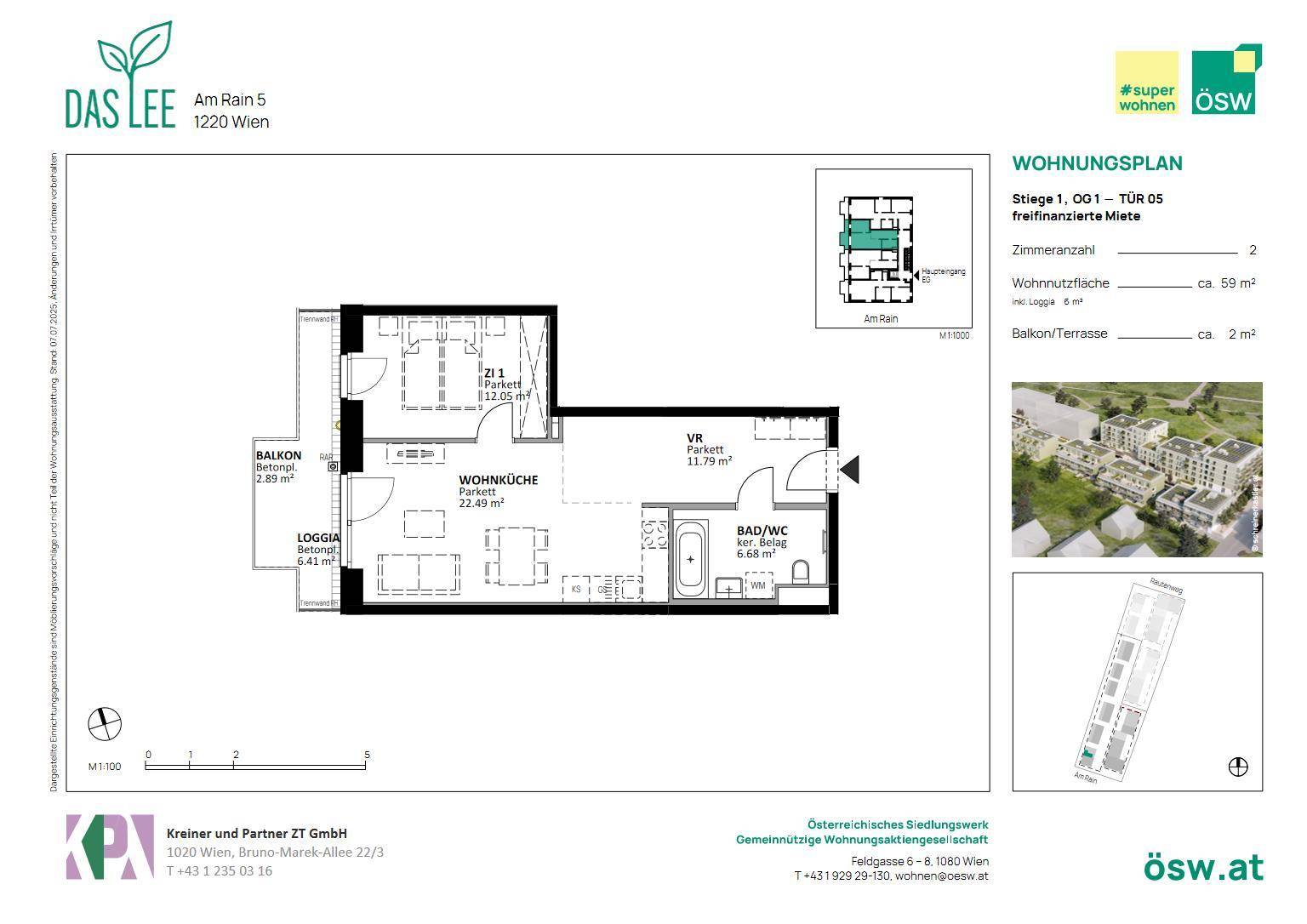 Detaillierter Grundriss einer Wohnung mit Balkon, Loggia und offenem Wohnbereich.