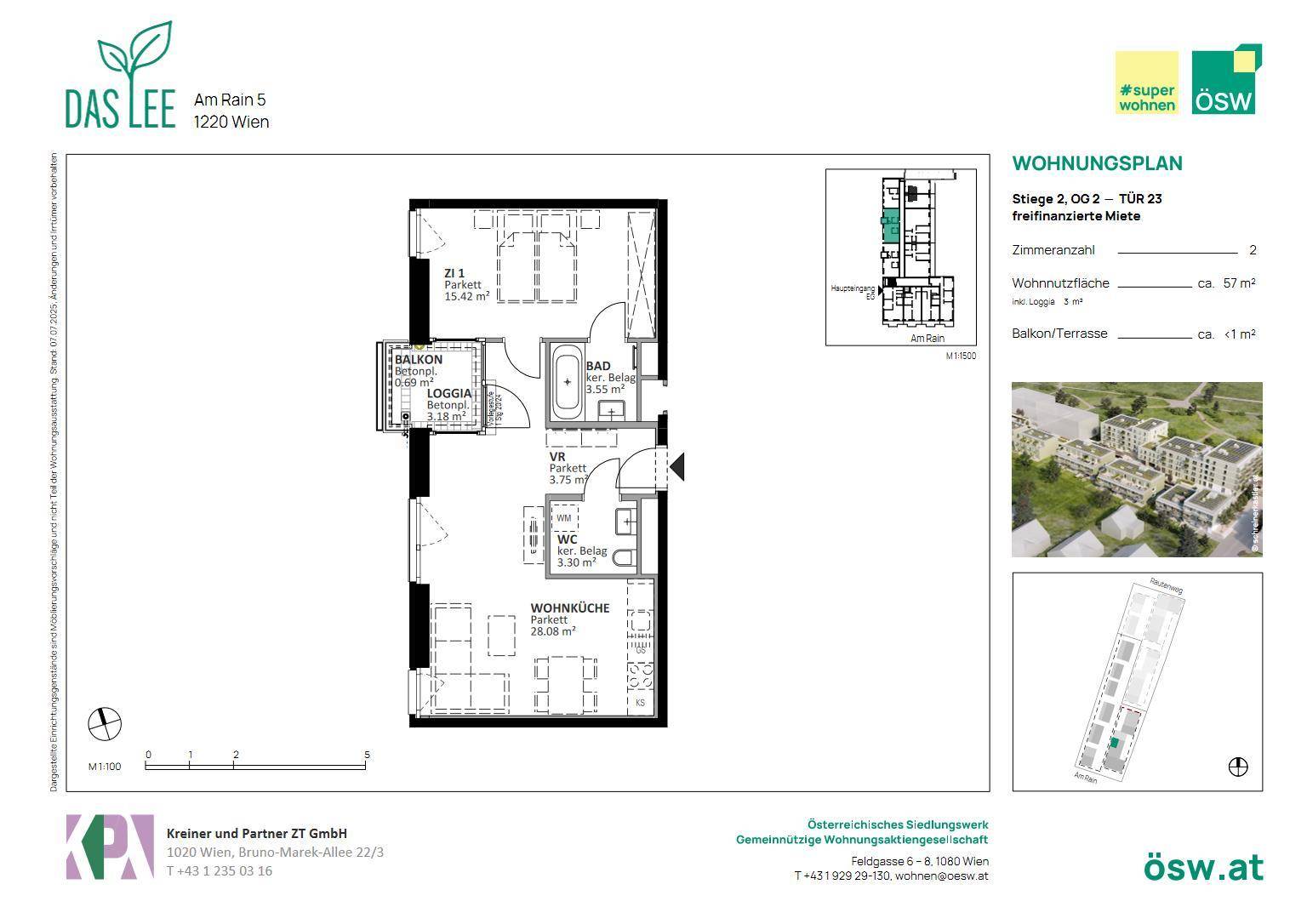 Grundriss einer Wohnung mit zwei Zimmern, Balkon, Loggia und separatem WC.