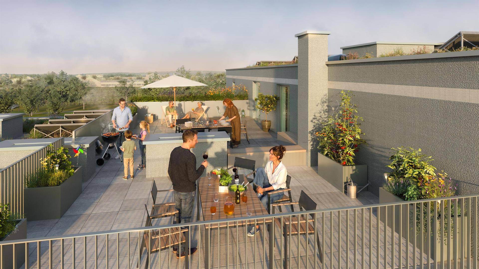 Großzügige Dachterrasse mit Essbereich, Grillstation und Pflanzen für gesellige Stunden.