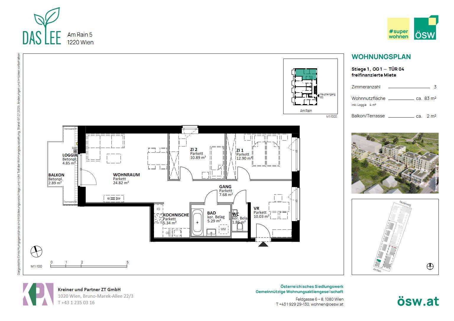 Detaillierter Wohnungsplan mit Loggia, Balkon, Kochbereich und drei Zimmern.