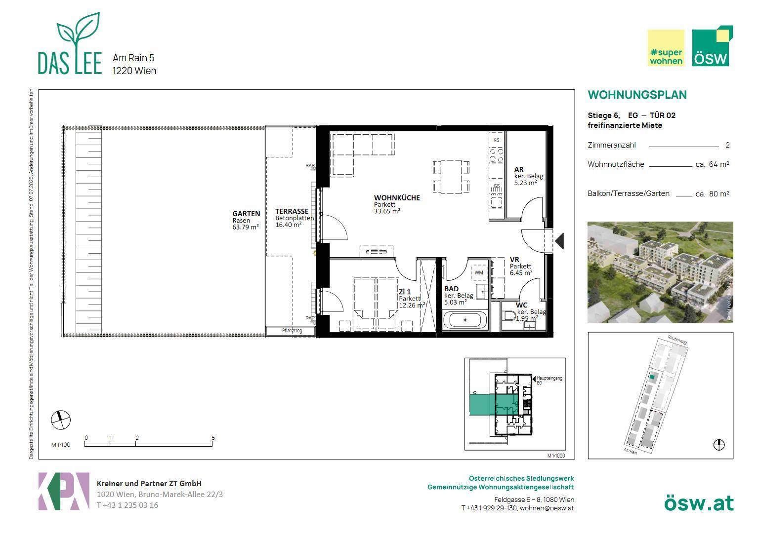 Grundriss einer Wohnung mit offener Wohnküche, einem Zimmer, Bad, separatem WC, Terrasse und Garten.