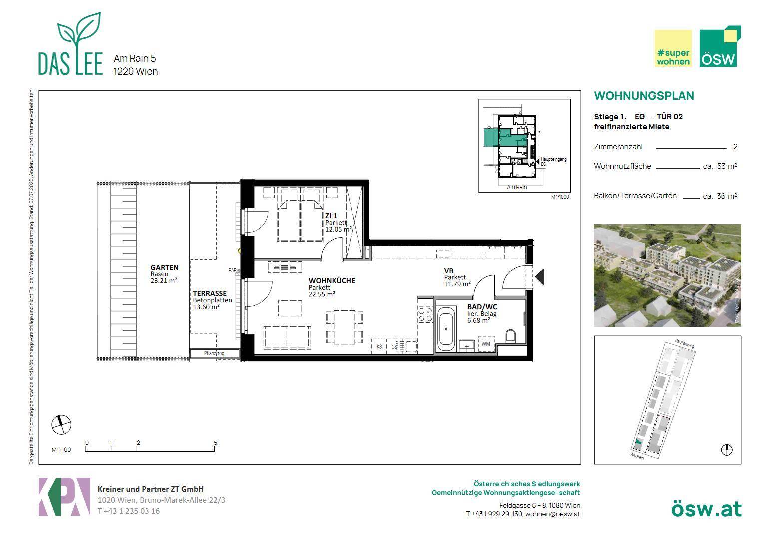 Grundriss einer Erdgeschosswohnung mit Wohnküche, Bad, Garten und Terrasse.