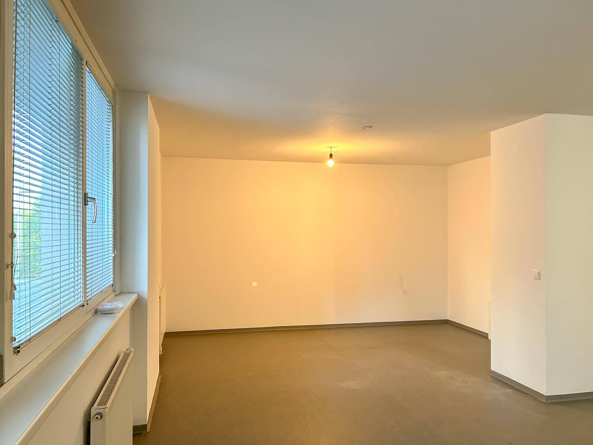 Heller, unmöblierter Wohnraum mit großen Fenstern, neutralem Boden und weiß gestrichenen Wänden.