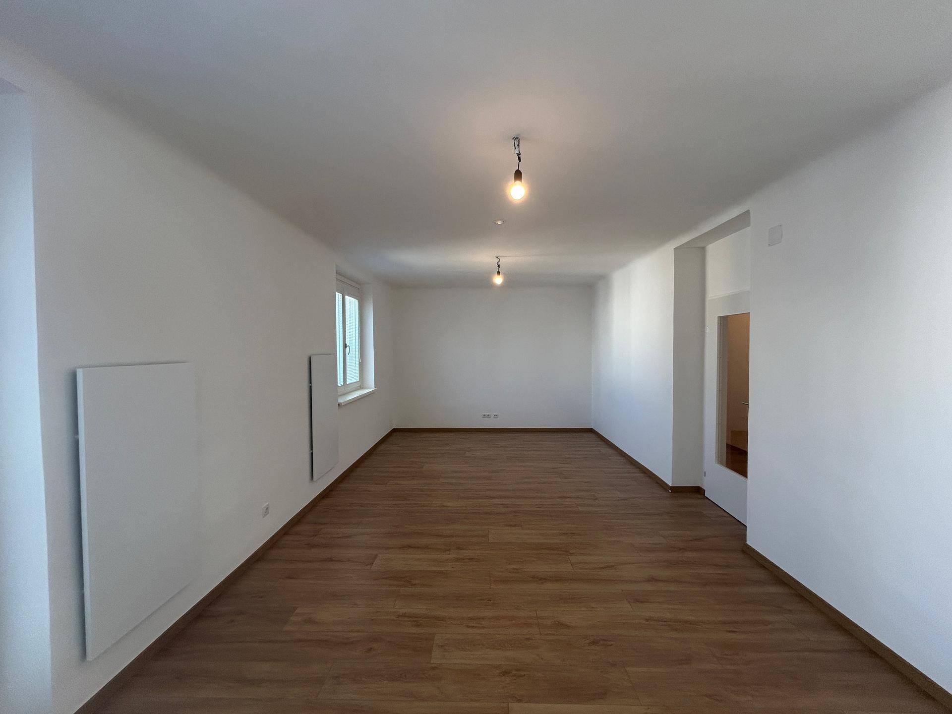 Langer, heller Wohnbereich mit Holzfußboden und weißen Wänden, der vielseitige Einrichtungsmöglichkeiten bietet.