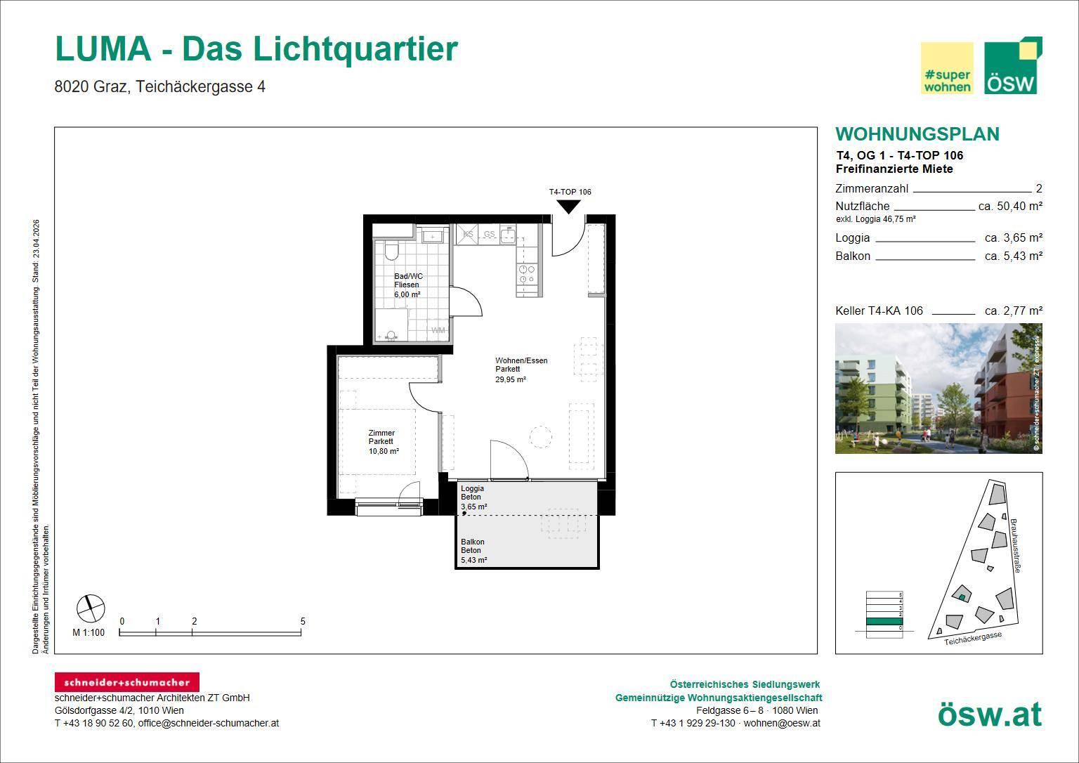 Grundriss einer Wohnung mit Wohn-/Essbereich, Schlafzimmer und Balkon.