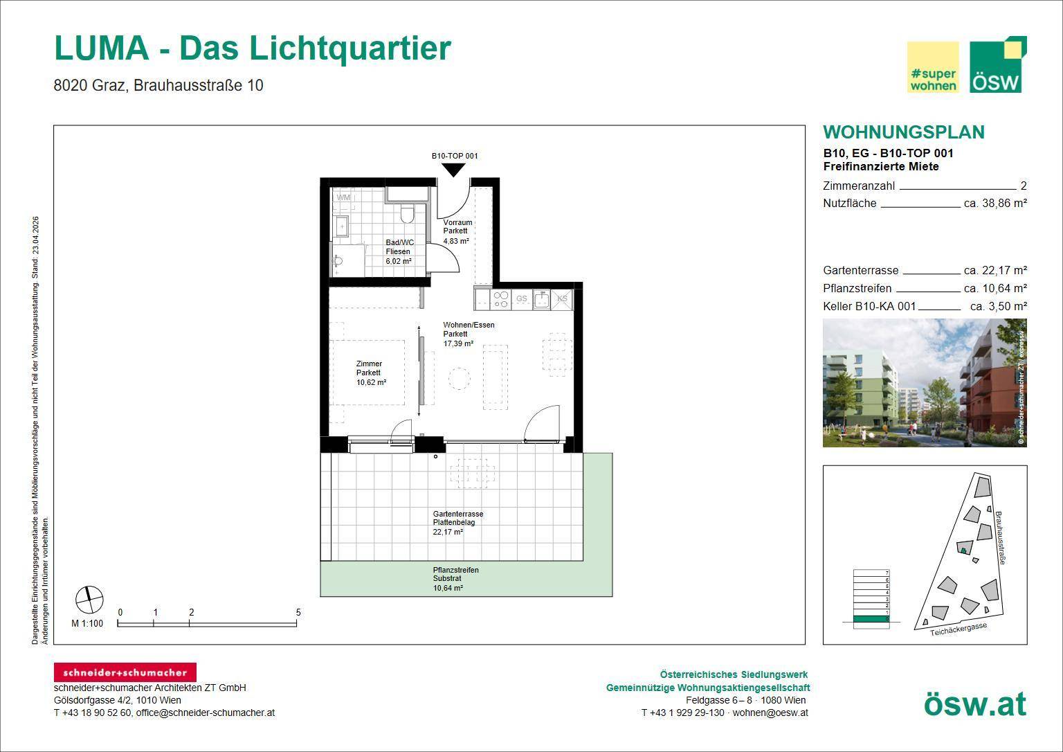 Grundriss einer Wohnung mit Wohn-Essbereich, Schlafzimmer und Gartenterrasse.