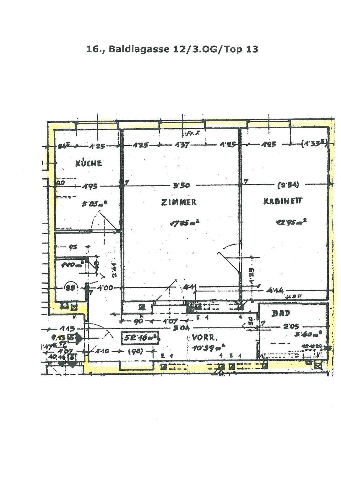 Grundrissplan einer Wohnung mit Küche, Zimmer, Kabinett, Bad und Vorraum, inklusive Maßen.