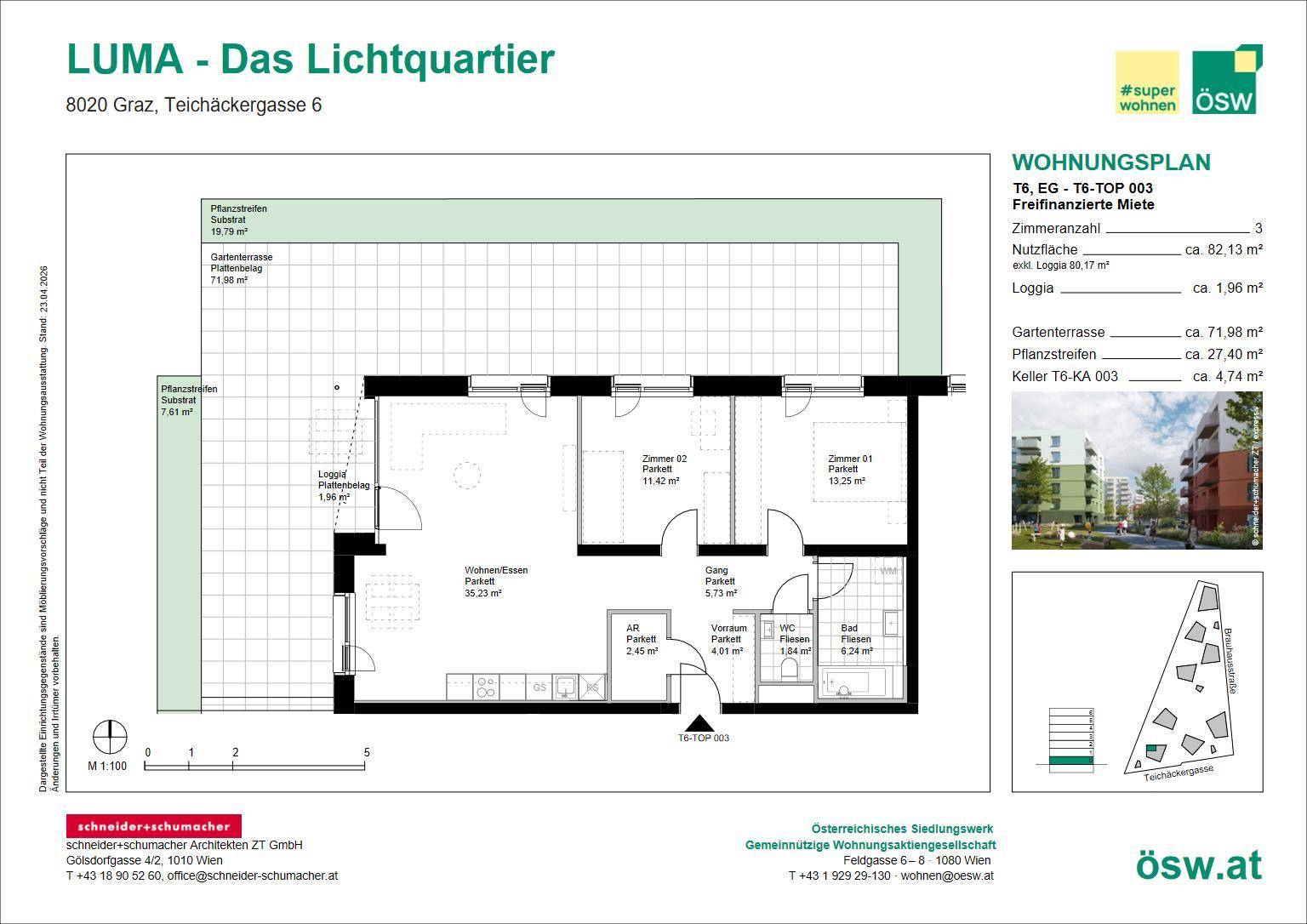 Grundriss einer Wohnung mit drei Zimmern, offener Wohnküche, Loggia und Gartenterrasse.
