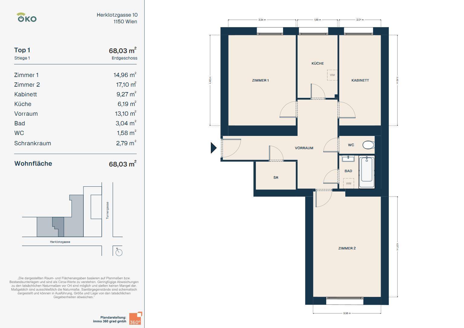 Grundriss einer Wohnung mit drei Zimmern, Küche, Bad und separatem WC auf 68,03 m².