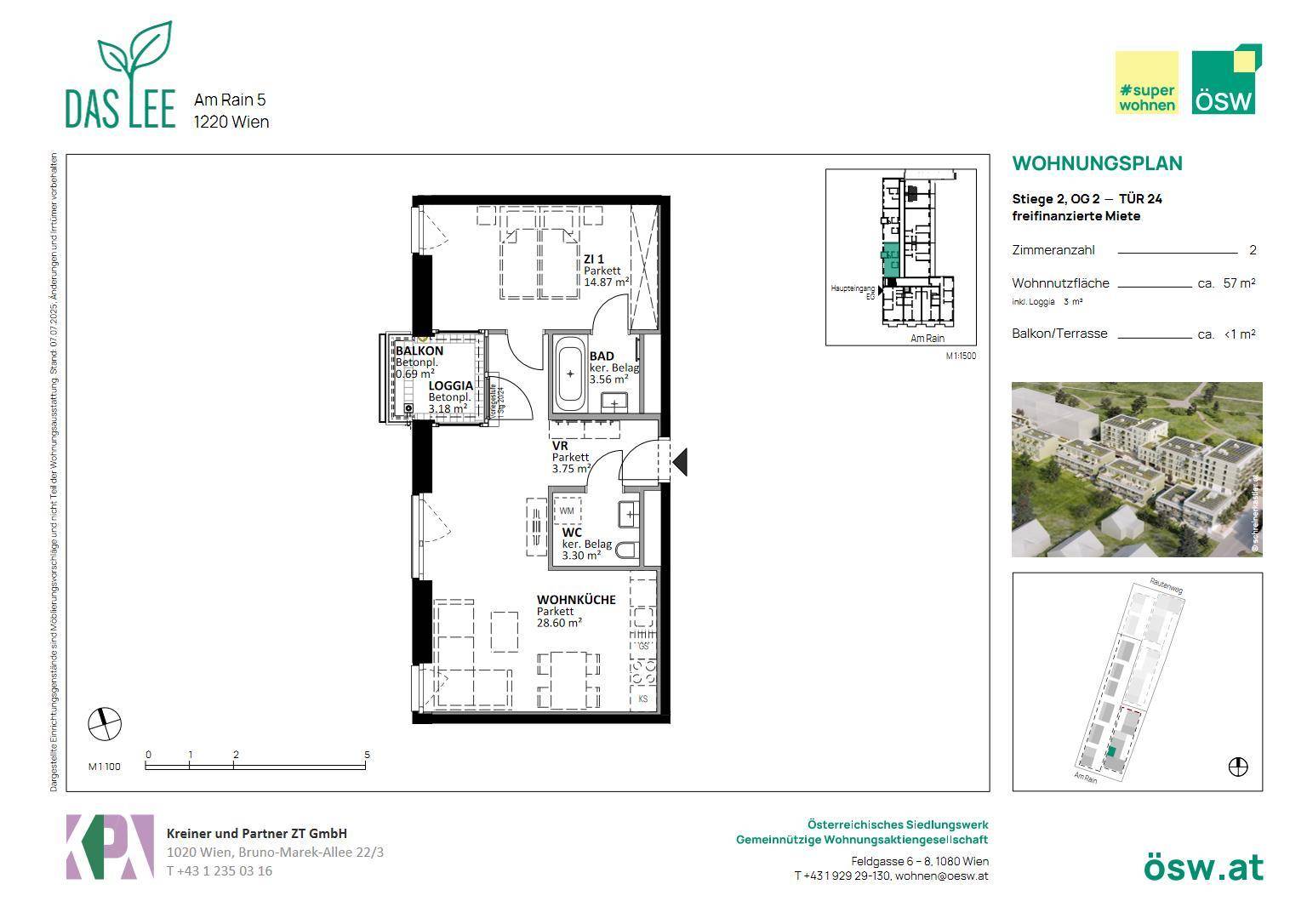 Grundriss einer Wohnung mit Balkon, Loggia, Bad, WC und offener Wohnküche.