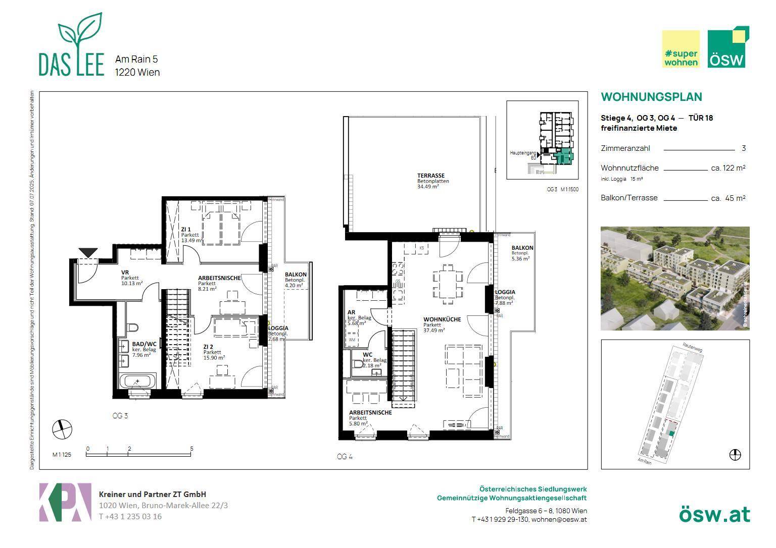 Detaillierter Wohnungsplan mit zwei Ebenen, Loggia, Balkon und großer Terrasse.