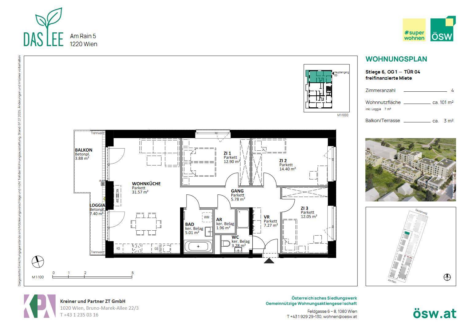 Detaillierter Grundriss einer Wohnung mit Wohnküche, drei Zimmern, Bad, WC, Loggia und Balkon.