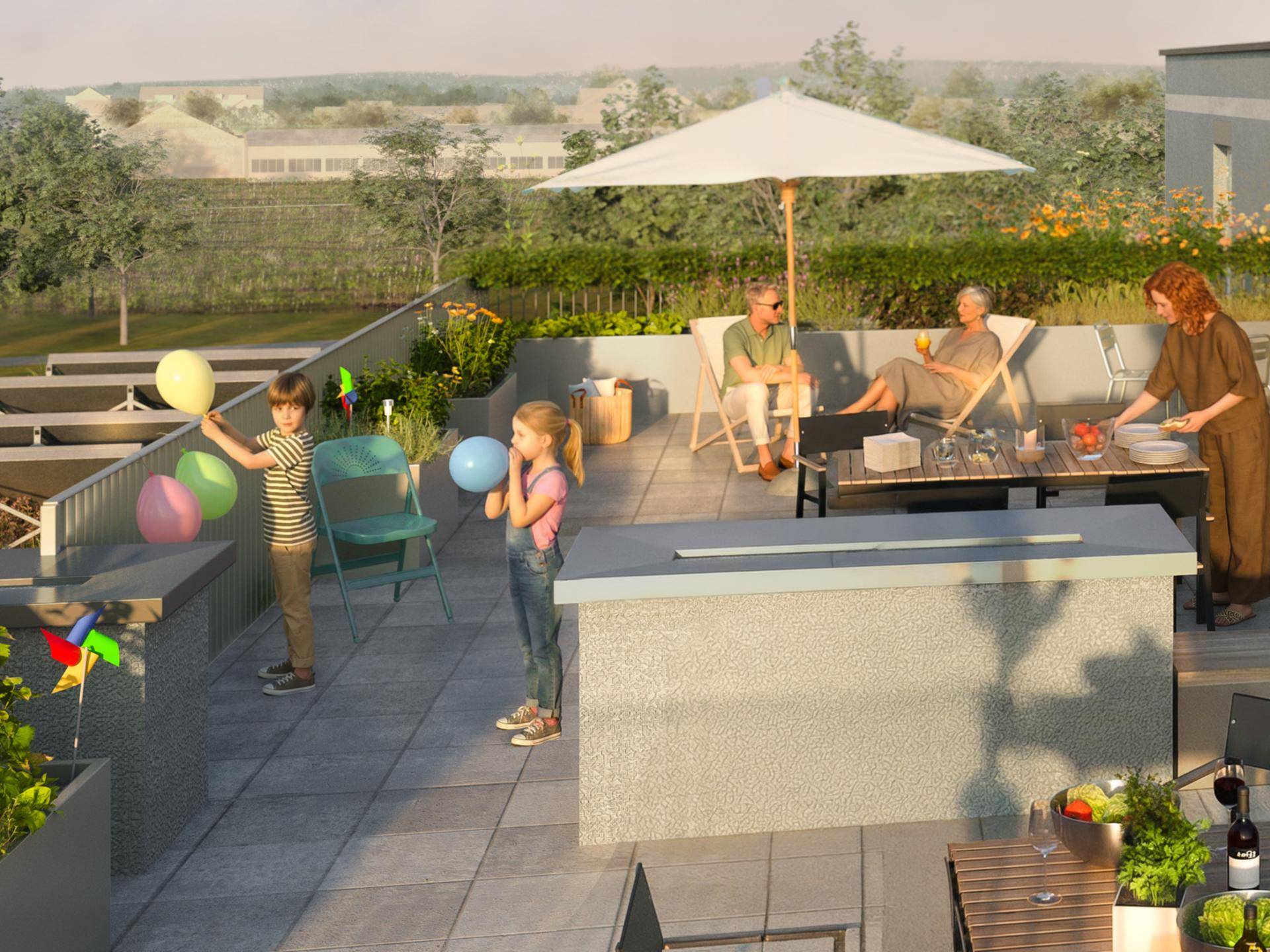 Geräumige Dachterrasse mit Outdoor-Küche, Essbereich und Liegestühlen für entspannte Stunden.