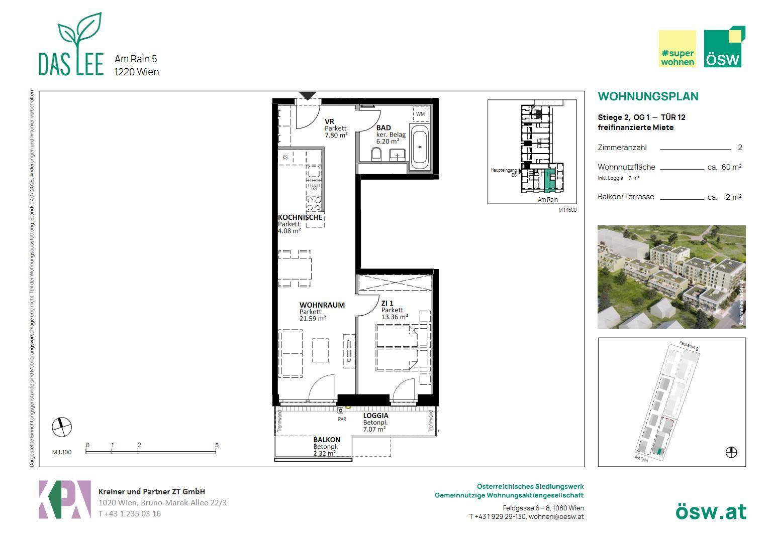 Grundriss einer Wohnung mit offenem Wohnbereich, Balkon und Loggia sowie Parkettboden.
