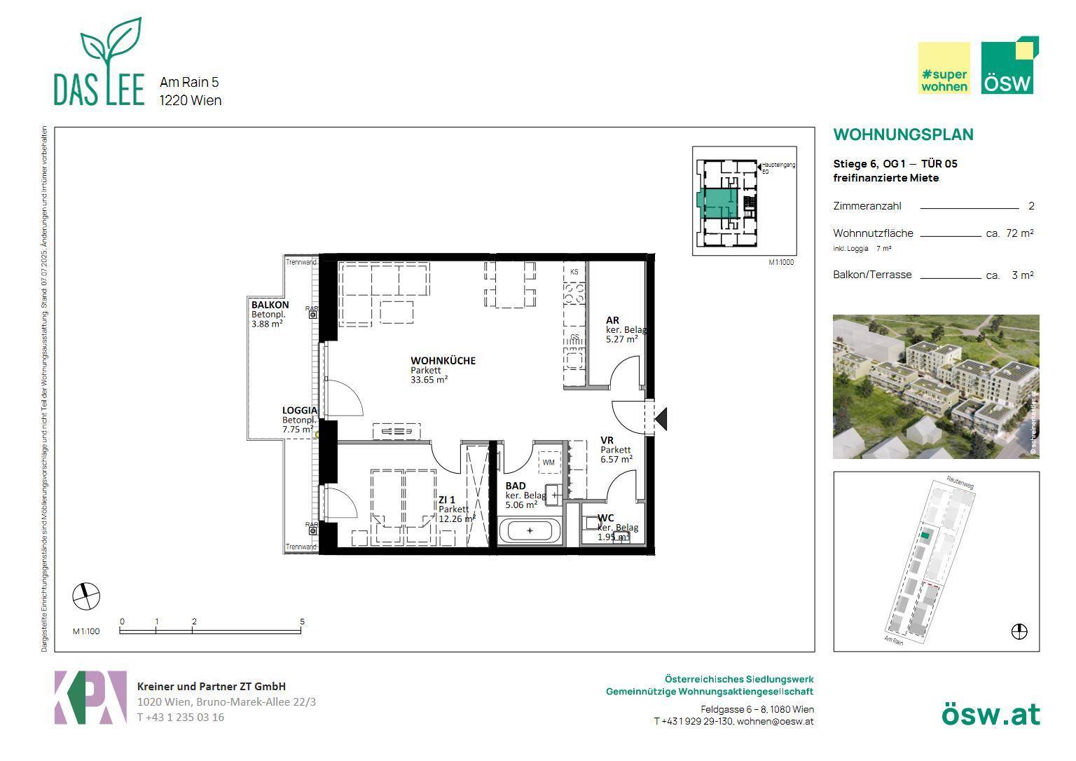 Grundriss einer Wohnung mit offener Wohnküche, Loggia und Balkon.