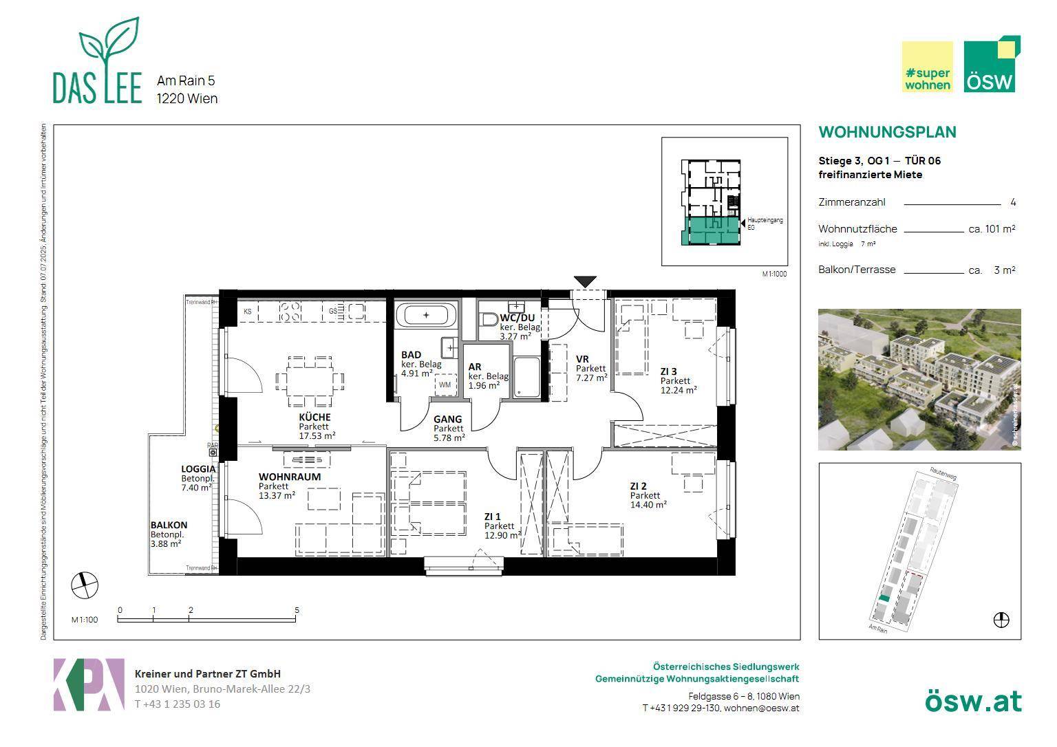 Detaillierter Grundriss einer Wohnung mit Loggia, Balkon und offenem Wohnbereich.