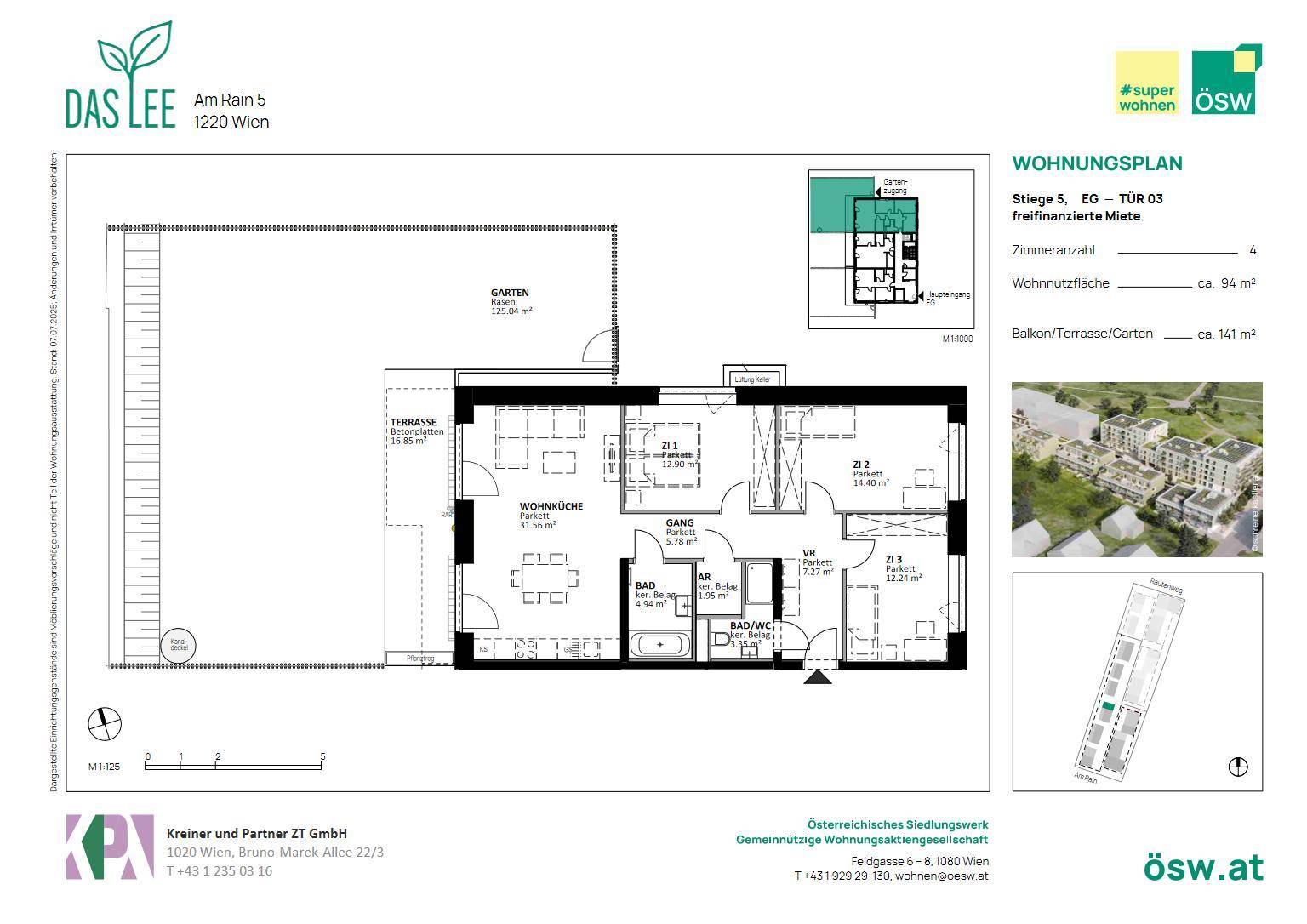 Grundriss einer Wohnung mit offener Wohnküche, Terrasse und Gartenanteil.