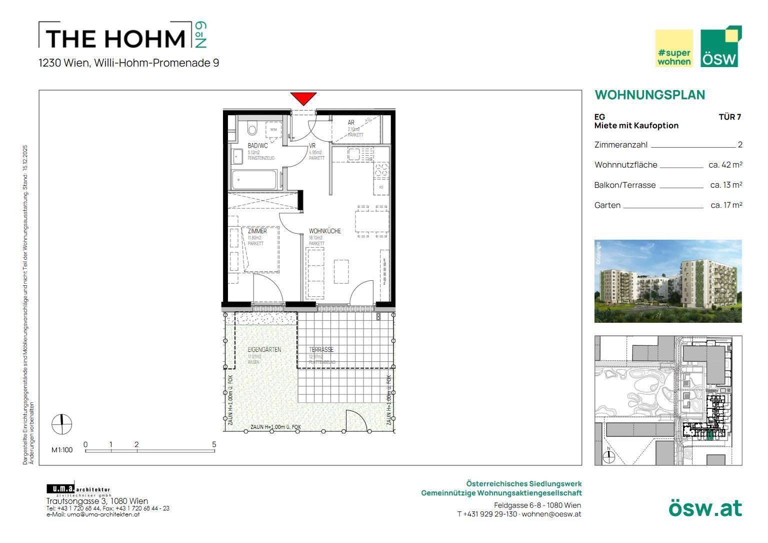 Grundriss einer Wohnung mit einem Zimmer, Bad, Wohnküche und Zugang zu Garten und Balkon.